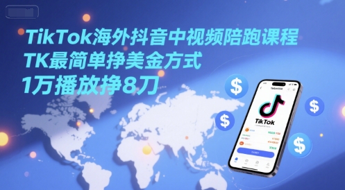 TikTok海外抖音中视频陪跑课程，TK最简单挣美金方式，1万播放挣8刀-柚子网创