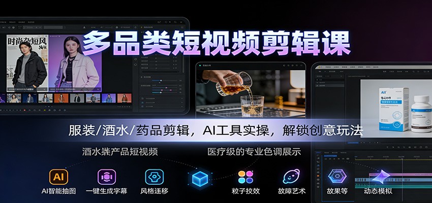 多品类短视频剪辑课：服装/酒水/药品剪辑，AI工具实操，解锁创意玩法-柚子网创