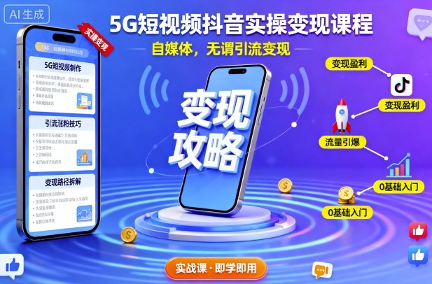 5G短视频抖音实操变现课程，自媒体，无谓引流变现-柚子网创