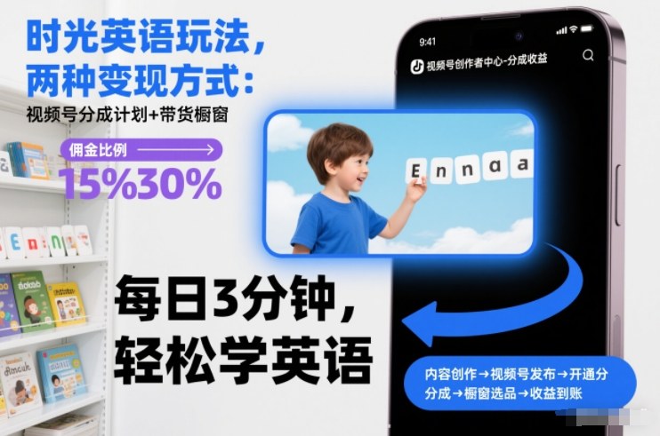 时光英语玩法，两种变现方式：视频号分成计划+带货橱窗-柚子网创