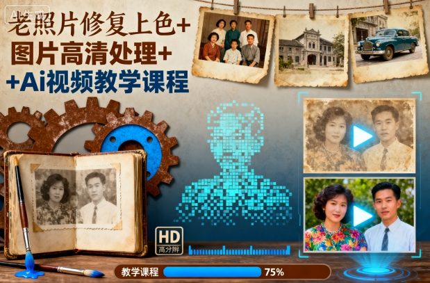 老照片修复上色+图片高清处理+Ai视频教学课程-柚子网创