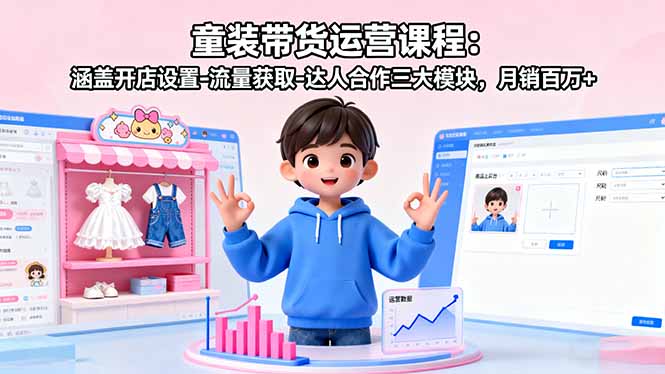 童装带货运营课程：涵盖开店设置-流量获取-达人合作三大模块，月销百万+-柚子网创