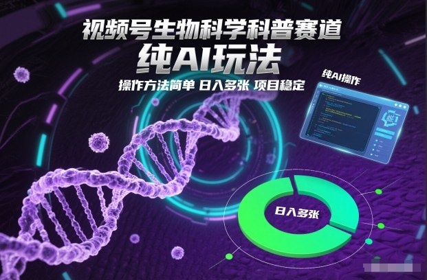视频号生物科学科普赛道，纯AI玩法，操作方法简单，日入多张，项目稳定-柚子网创