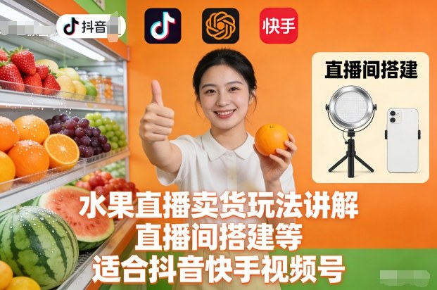 水果直播卖货玩法讲解、直播间搭建等，适合抖音快手视频号-柚子网创