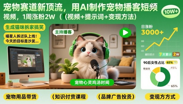 宠物赛道新顶流，用AI制作宠物播客短视频，1周涨粉2W(视频+提示词+变现方法)-柚子网创