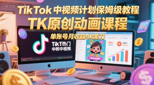 TikTok中视频计划保姆级教程，TK原创动画课程，单账号月收益4k美刀-柚子网创