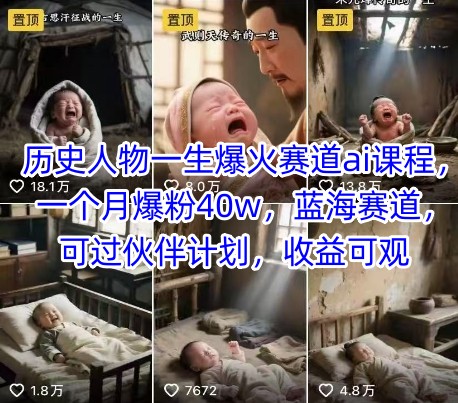 历史人物一生爆火赛道ai课程，一个月爆粉40w，蓝海赛道，可过伙伴计划，收益可观-柚子网创