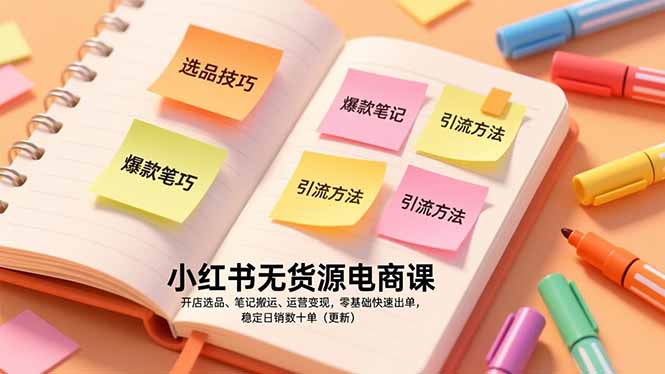 小红书无货源电商课，开店选品、笔记搬运、运营变现，零基础快速出单，稳定日销数十单(更新-柚子网创