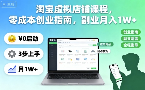 淘宝虚拟店铺课程，零成本创业指南，副业月入1W+-柚子网创